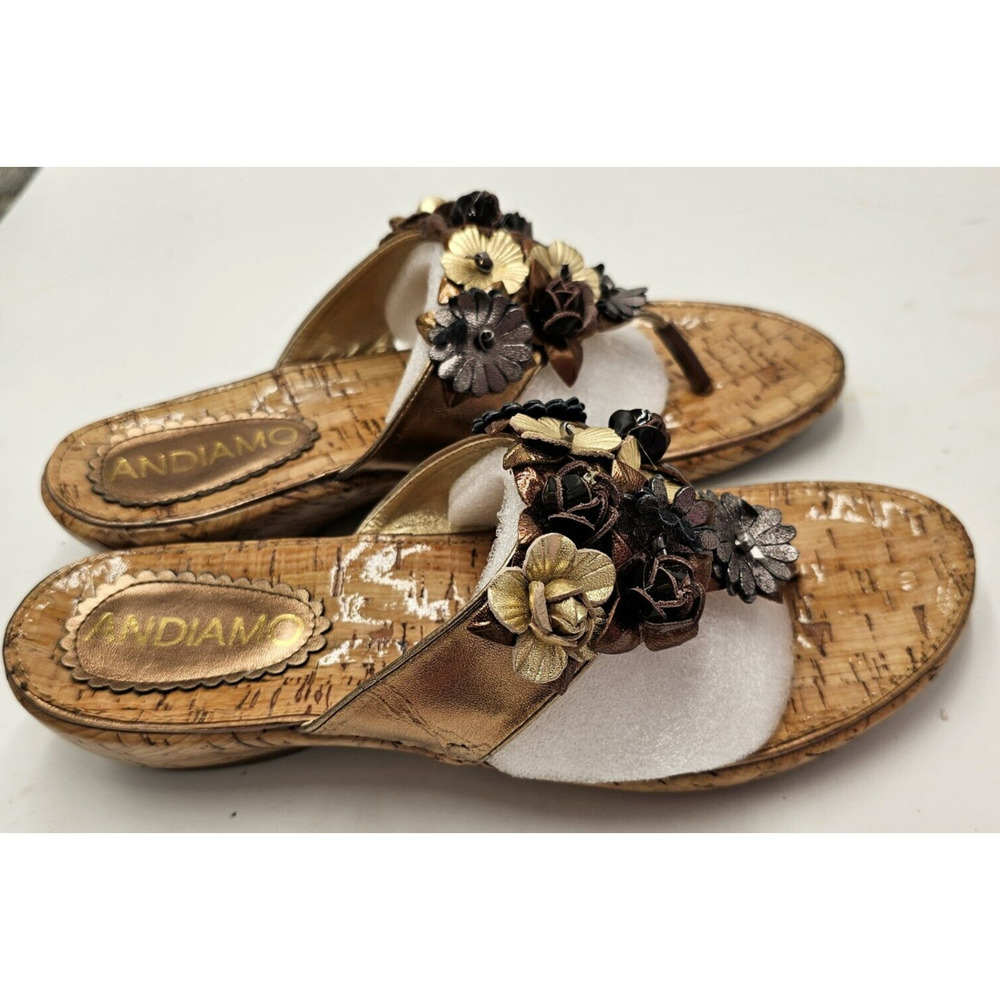 Andiamo Sandals Women Sz 8.5 Slide New Floral Bronze Black Cork Look Metallic - Picture 7 of 11